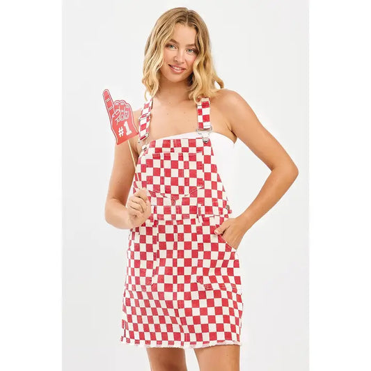 Checkered crimson overall dress