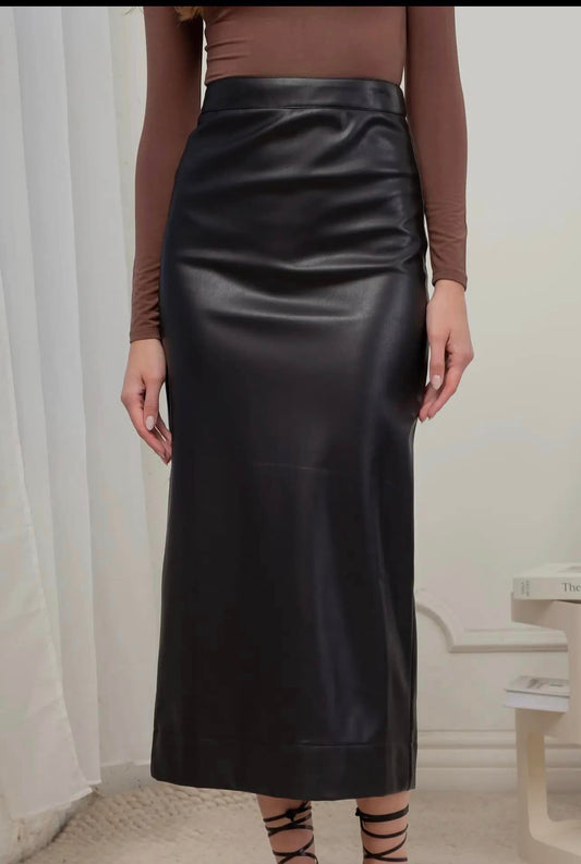 Faux black leather skirt