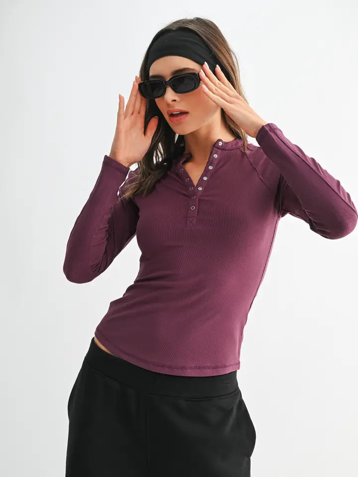 Plum henley ribbed top