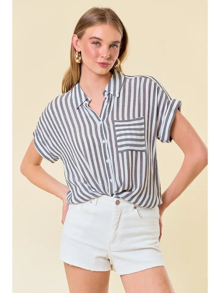 Striped short sleeve shirt with rolled cuffs