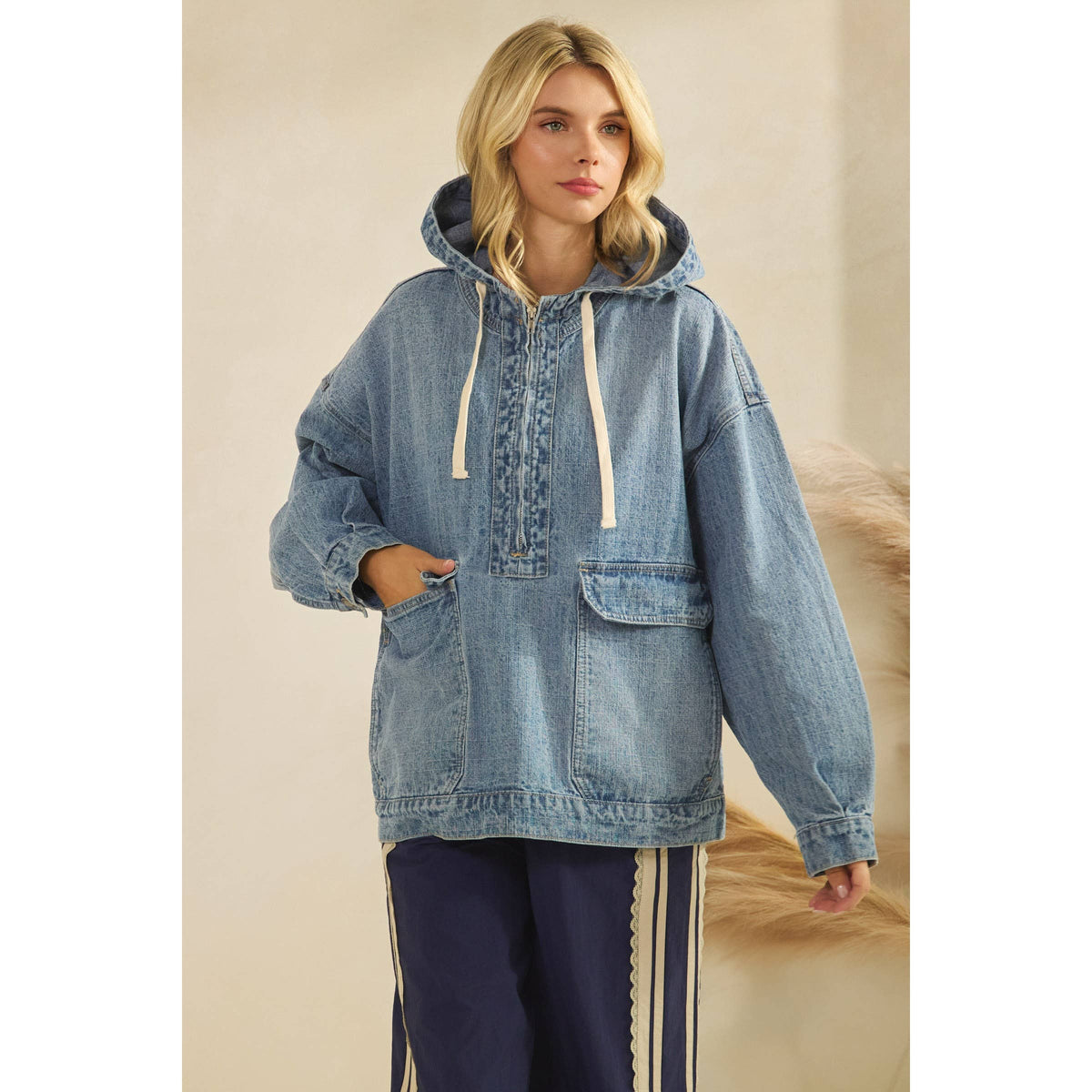 Hooded Quarterzip Denim Jacket