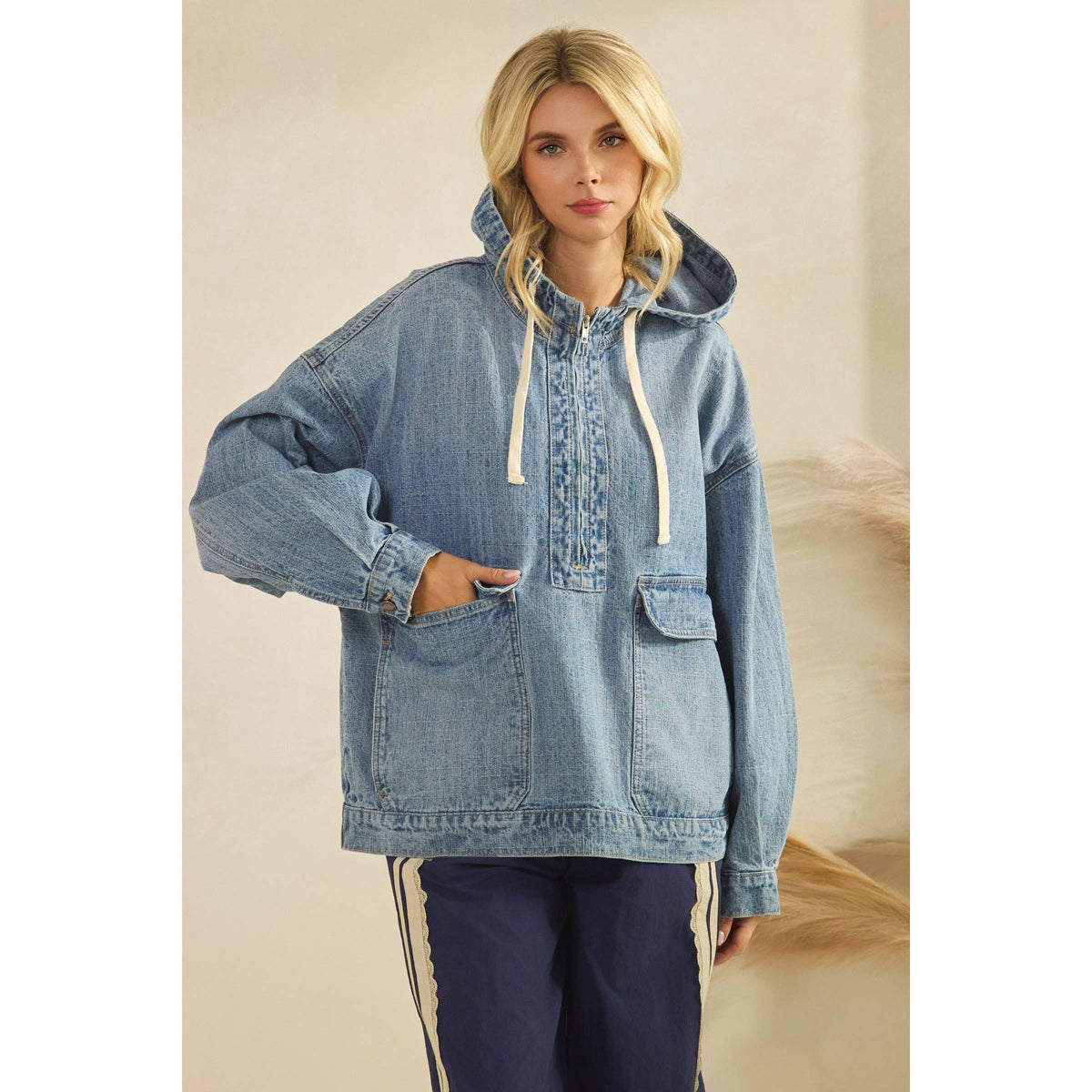 Hooded Quarterzip Denim Jacket