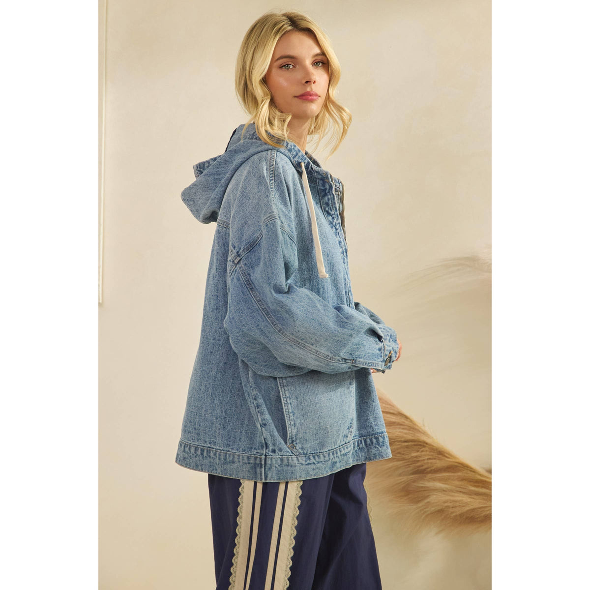 Hooded Quarterzip Denim Jacket