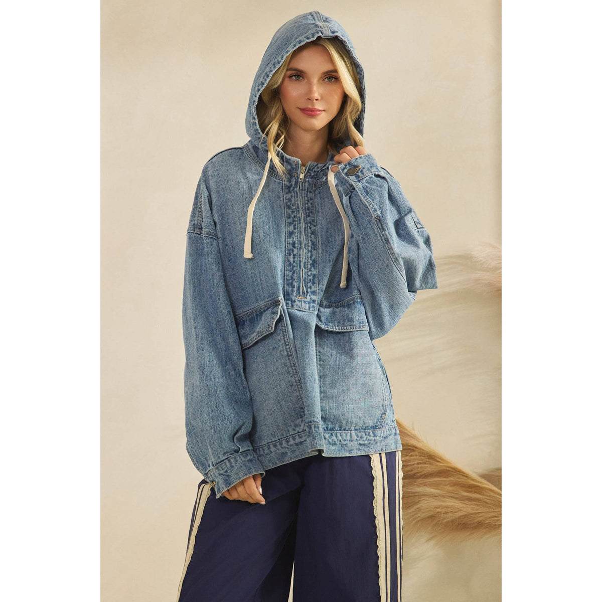 Hooded Quarterzip Denim Jacket