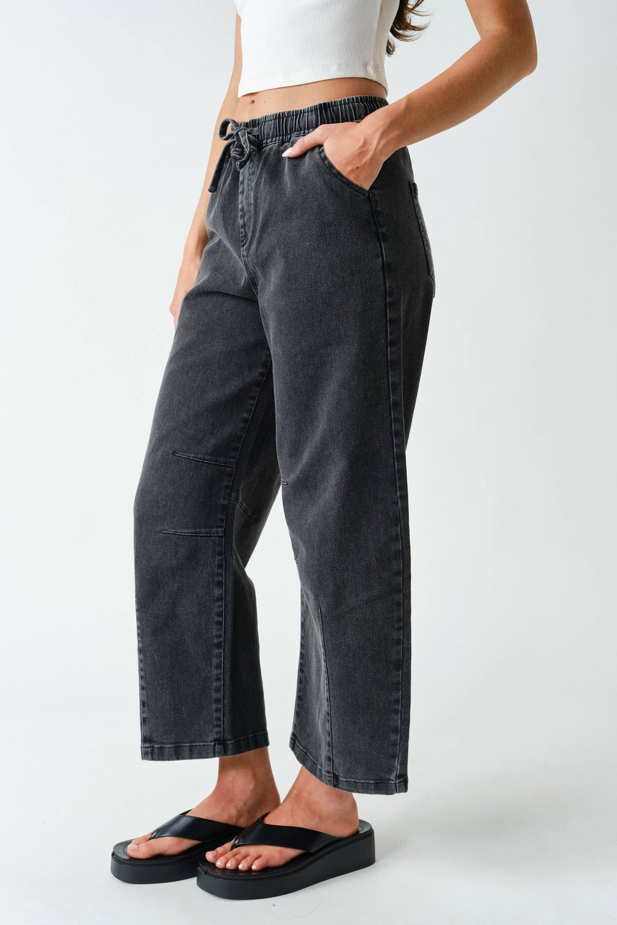 Denim Acid-Wash Drawstring Pull-On Pants