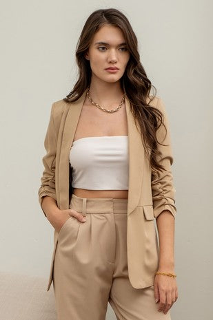 Ruched sleeve blazer