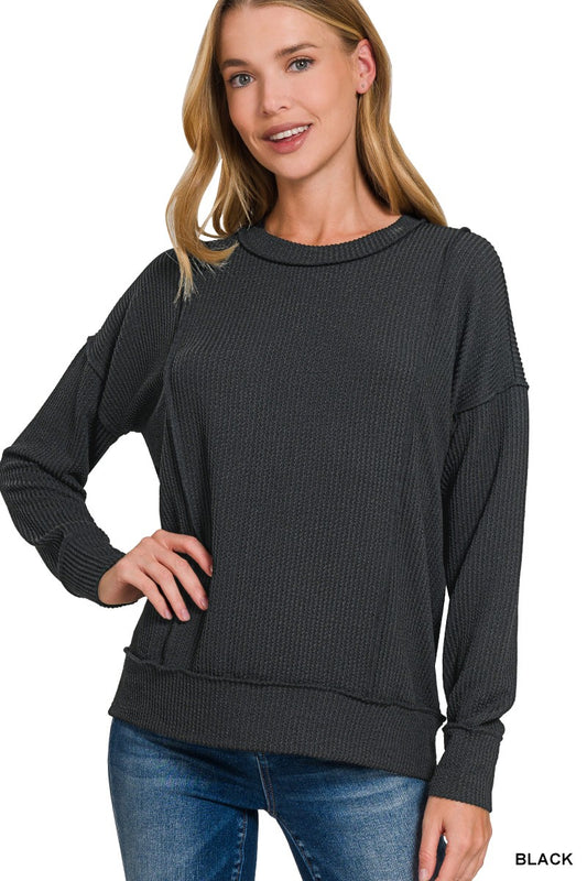 Corded rib long sleeve round neck pullover