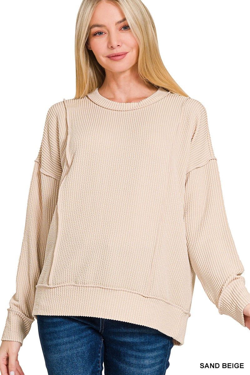 Corded rib long sleeve round neck pullover