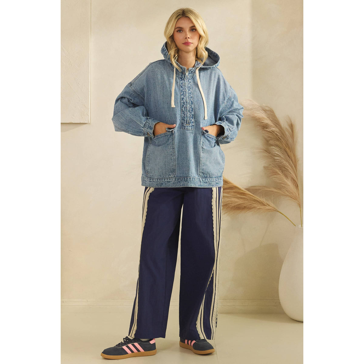 Hooded Quarterzip Denim Jacket