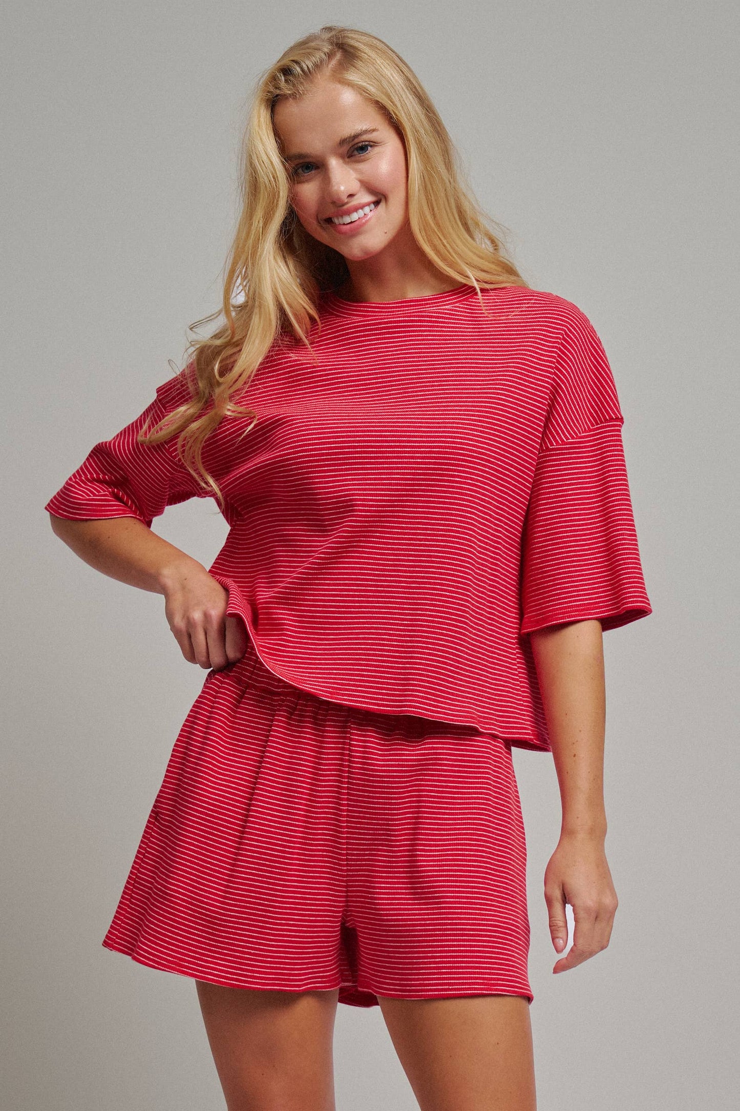 Striped Knit Two-Piece Lounge Set Boxy Tee