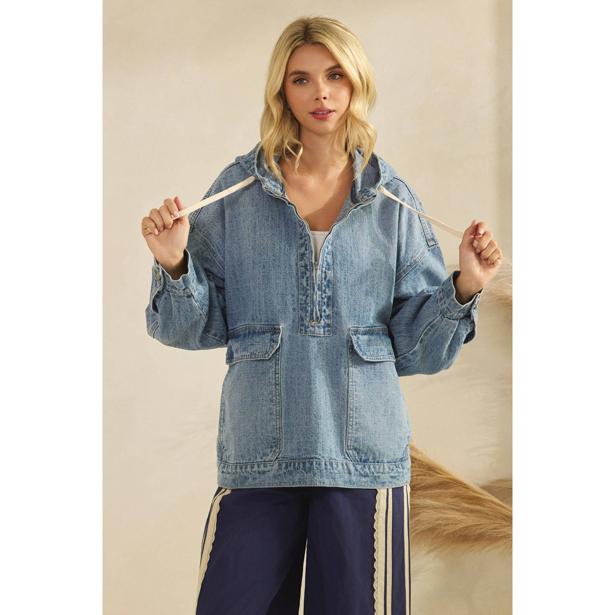 Hooded Quarterzip Denim Jacket