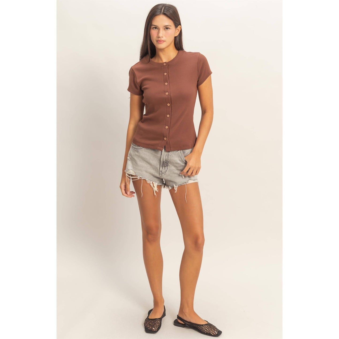 River ribbed button down top