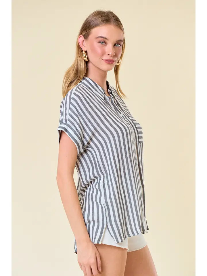 Striped short sleeve shirt with rolled cuffs