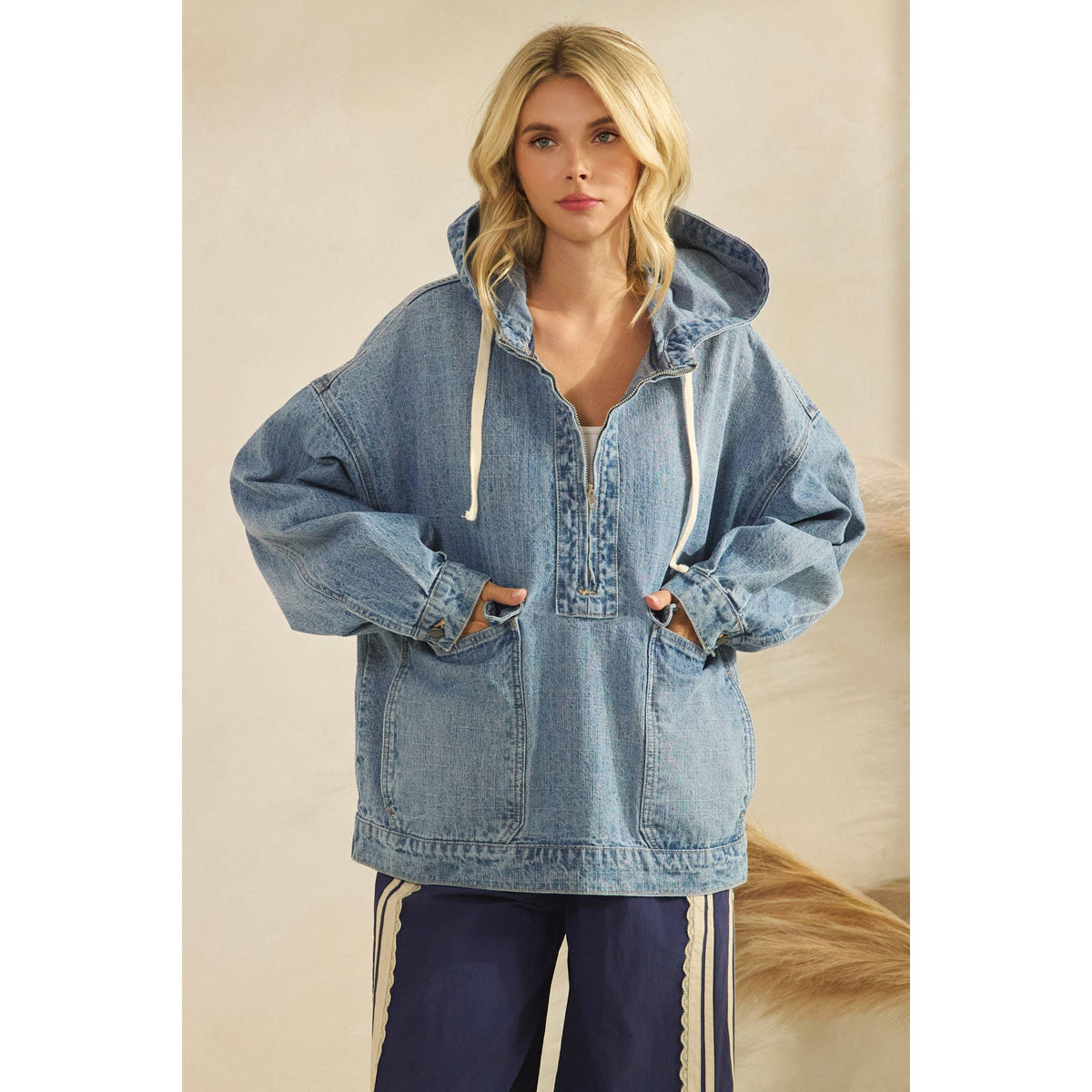 Hooded Quarterzip Denim Jacket