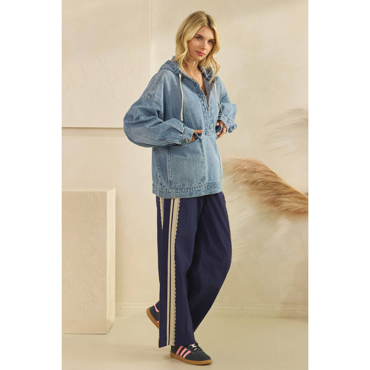 Hooded Quarterzip Denim Jacket