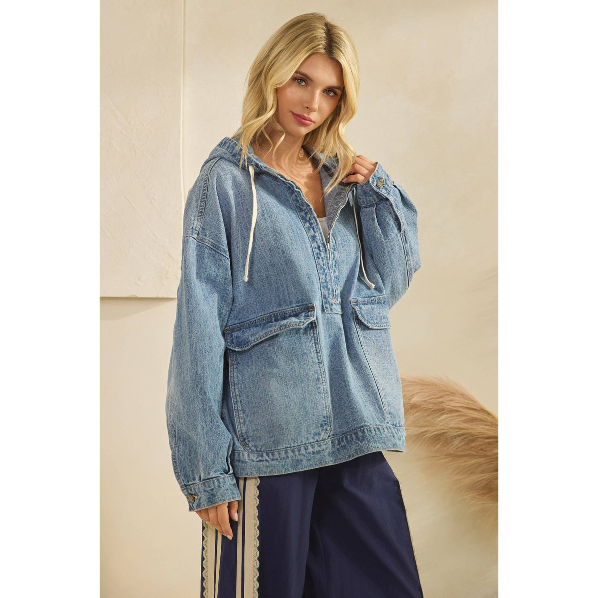 Hooded Quarterzip Denim Jacket