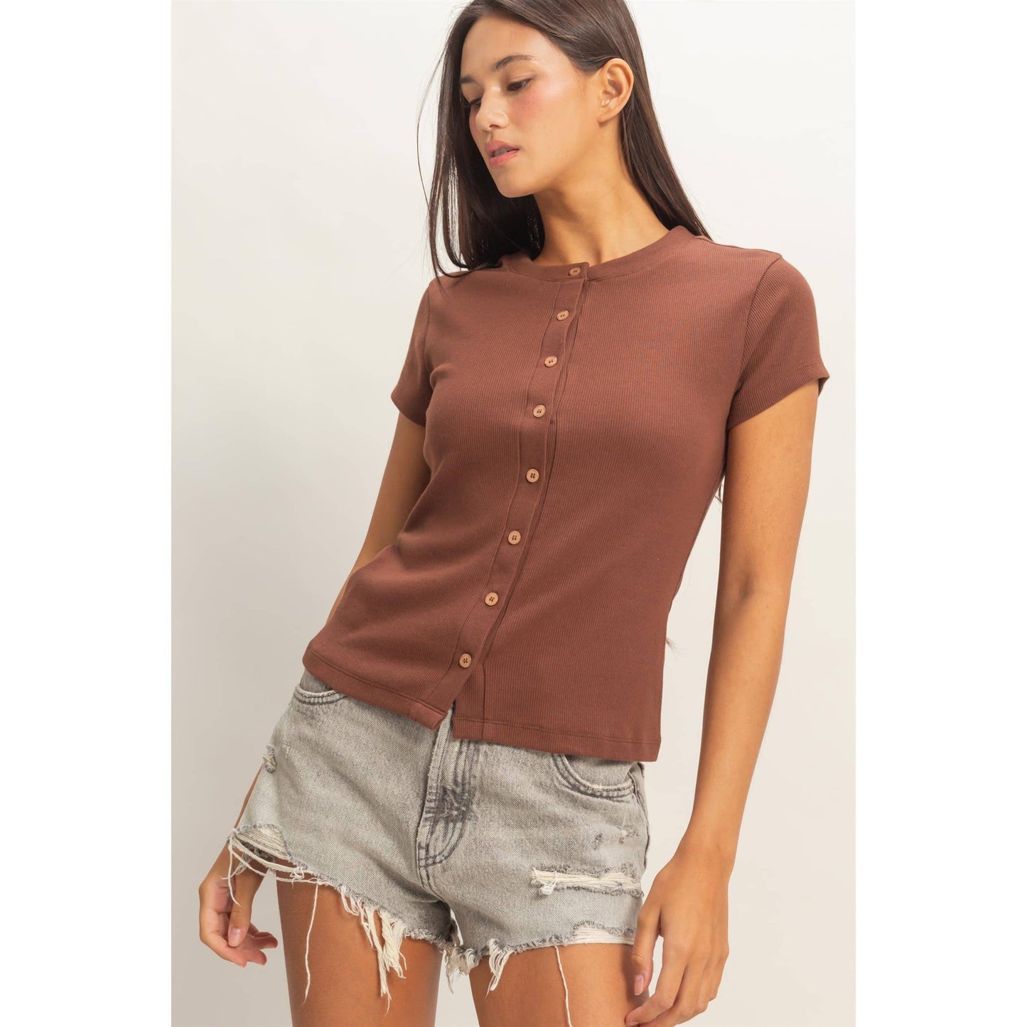 River ribbed button down top