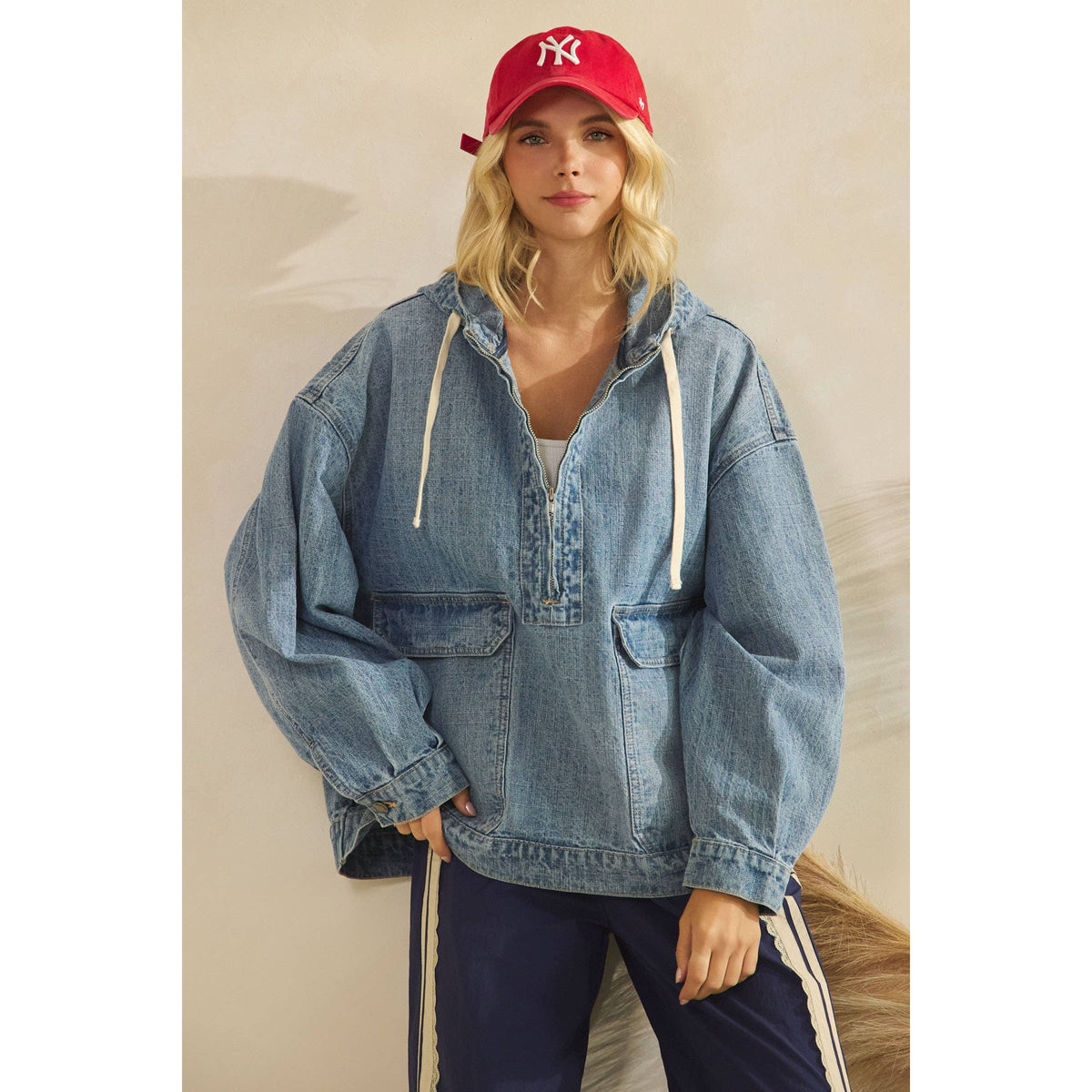 Hooded Quarterzip Denim Jacket