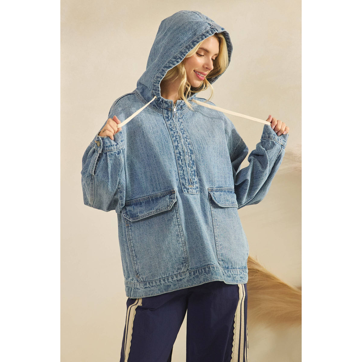Hooded Quarterzip Denim Jacket