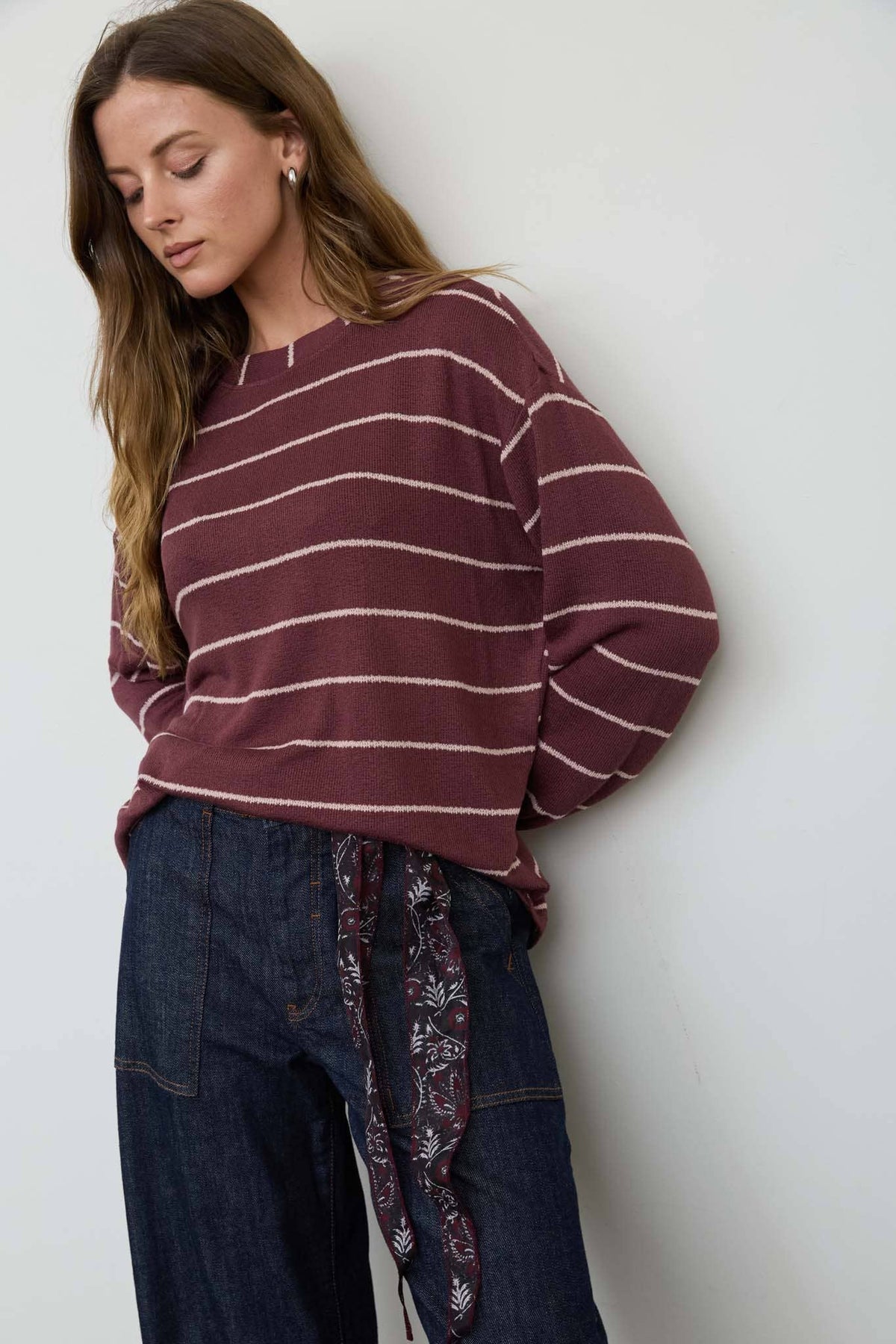 STRIPE LONG SLEEVE CUFFED RELAXED KNIT TOP