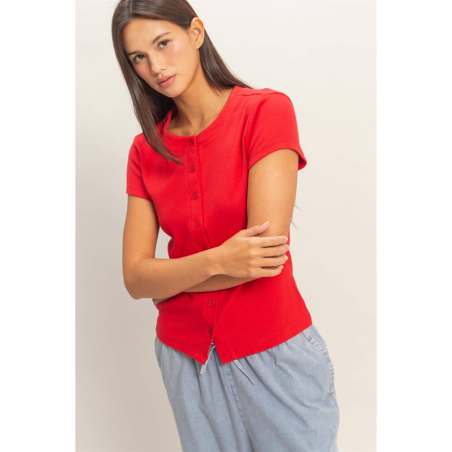 River ribbed button down top