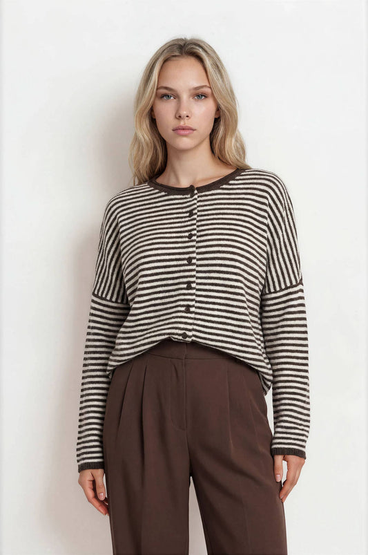 STRIPE RAW EDGE DROP SHOULDER KNIT CARDIGAN