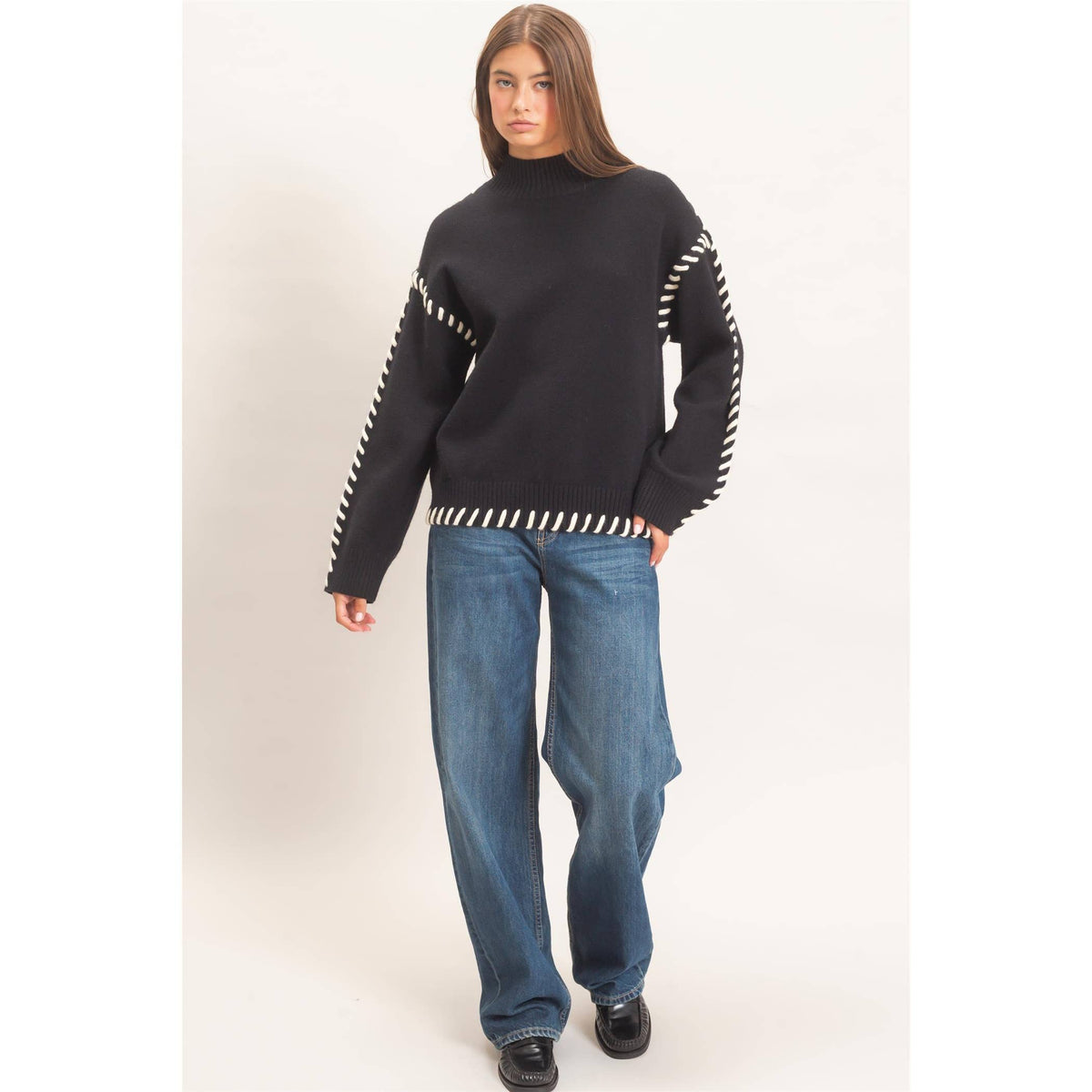 Blanket Stitch High Neck Sweater