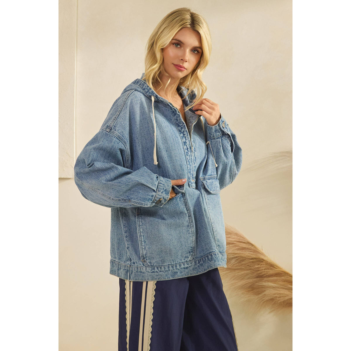 Hooded Quarterzip Denim Jacket