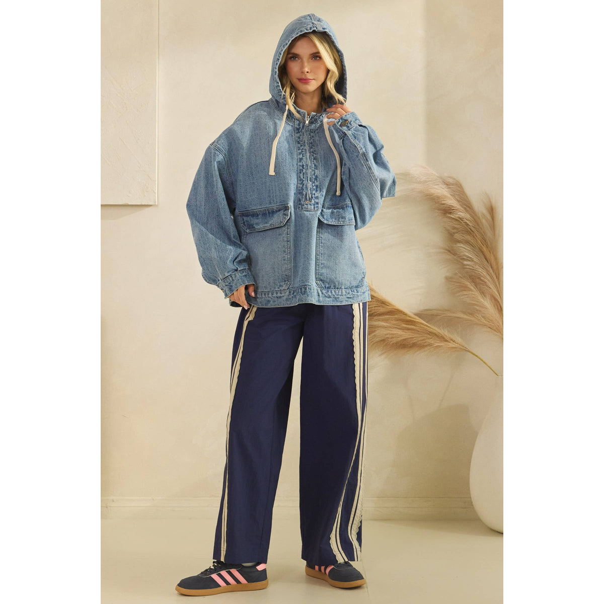 Hooded Quarterzip Denim Jacket