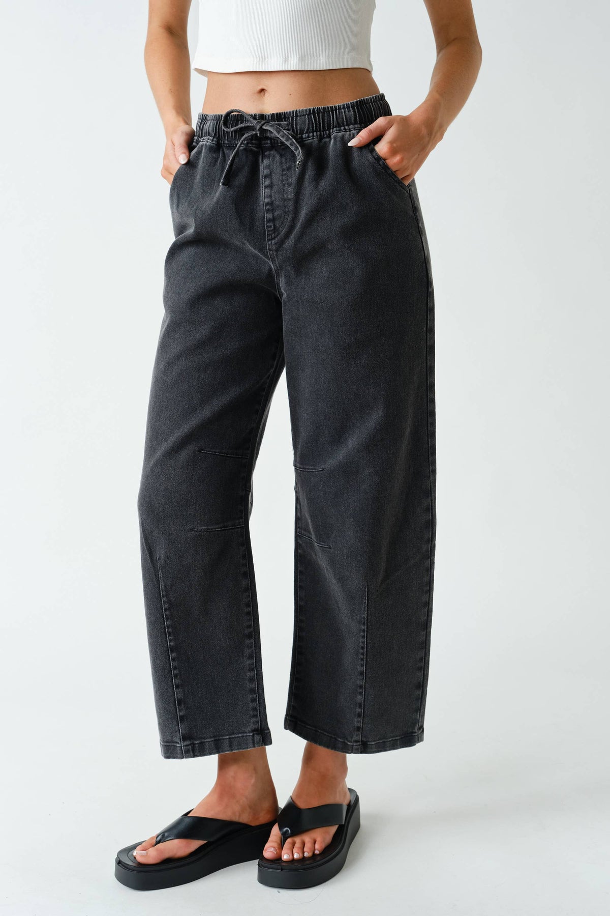 Denim Acid-Wash Drawstring Pull-On Pants