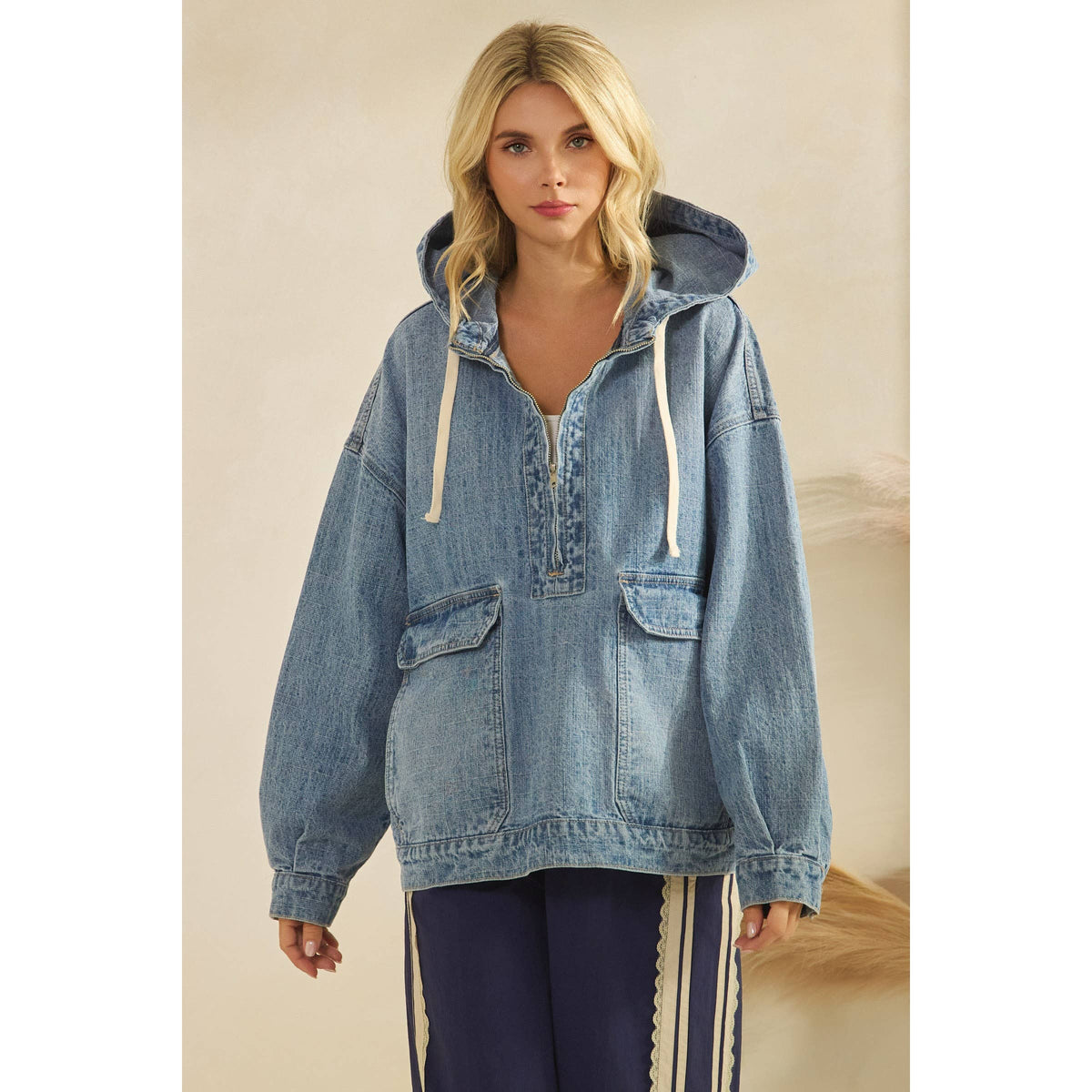 Hooded Quarterzip Denim Jacket