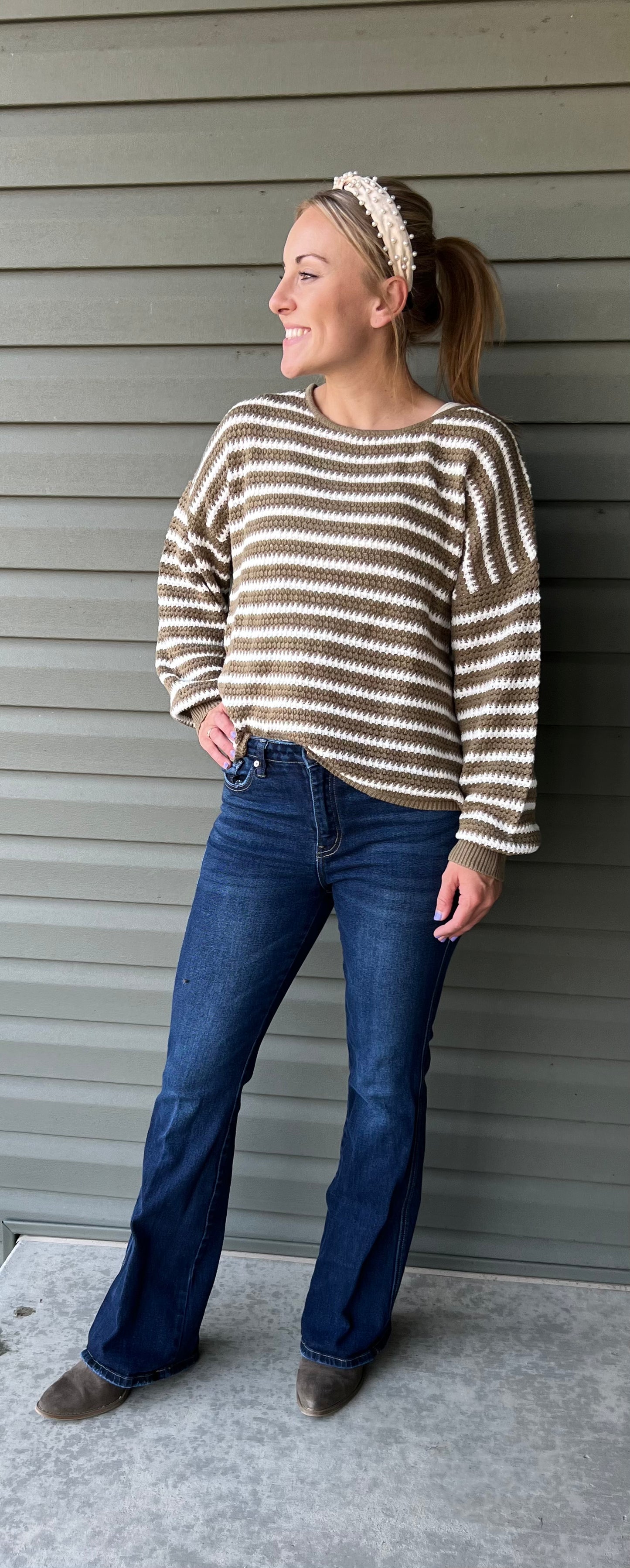 Bethany olive Stripped Knit Sweater