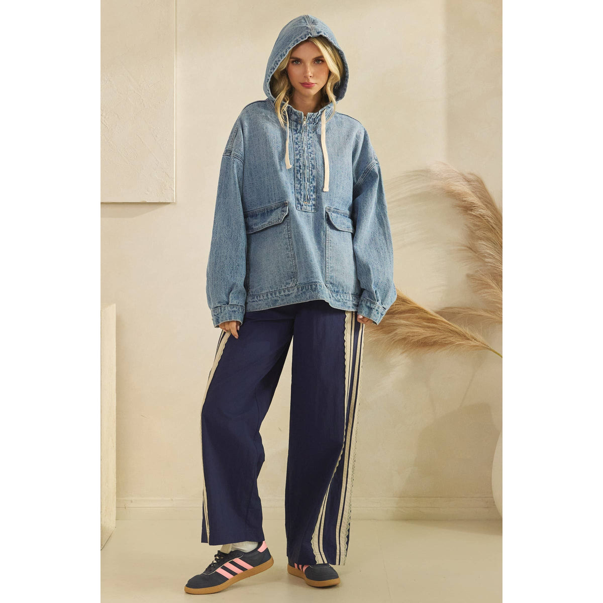 Hooded Quarterzip Denim Jacket