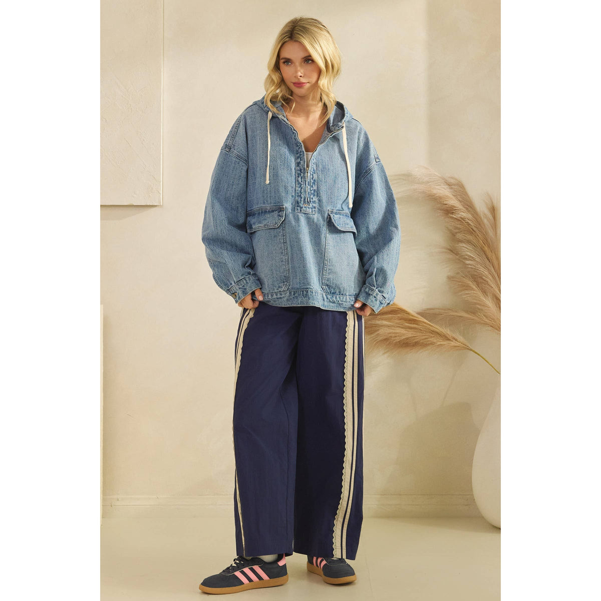 Hooded Quarterzip Denim Jacket
