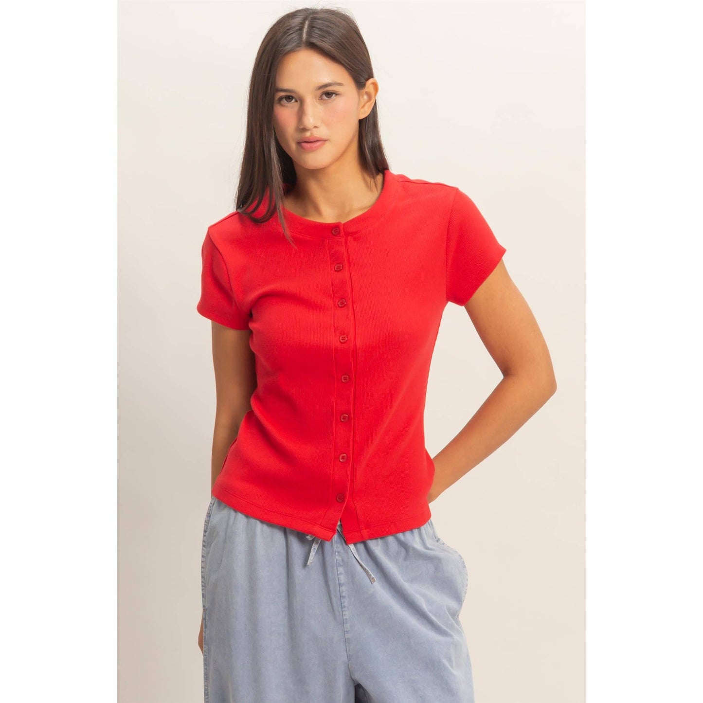 River ribbed button down top