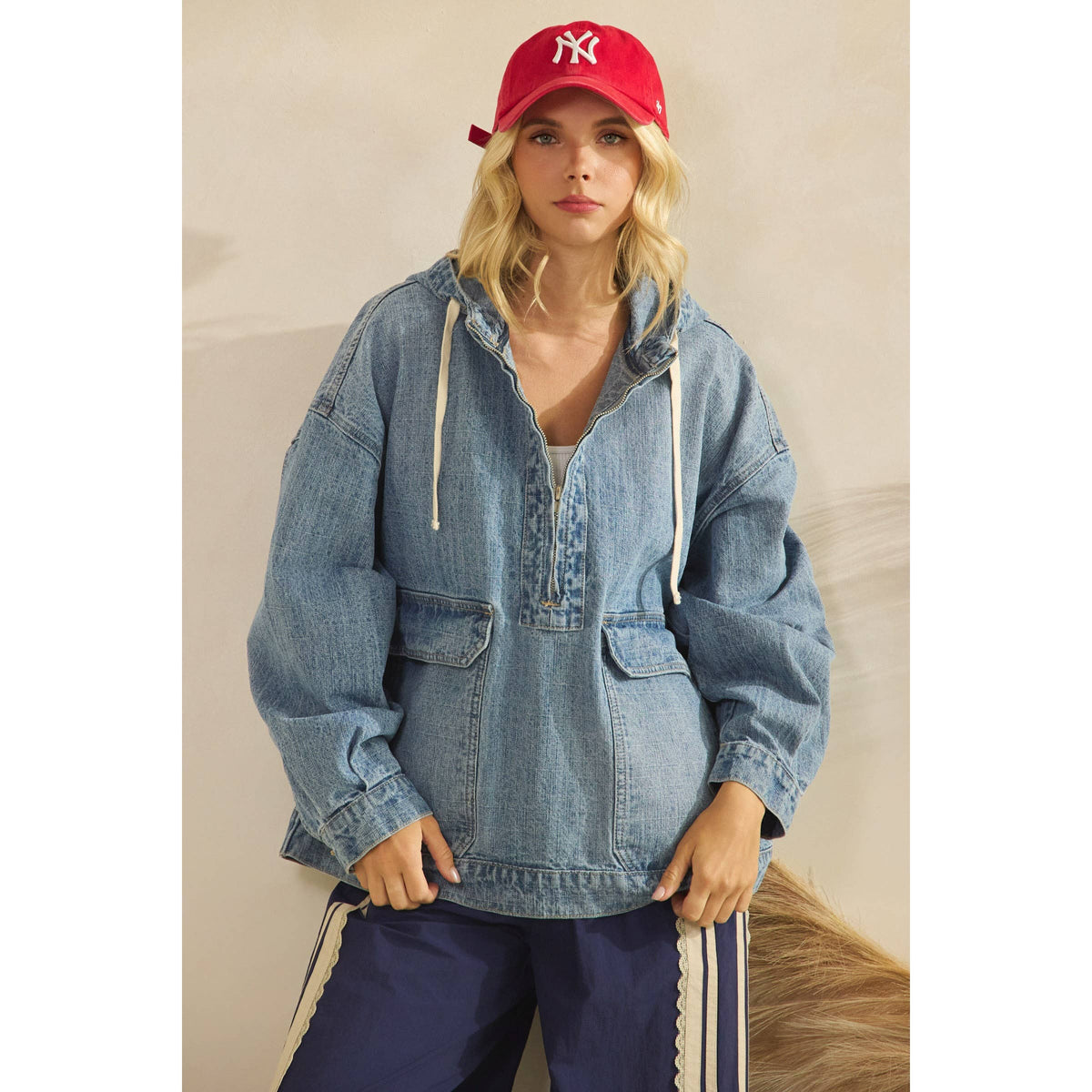 Hooded Quarterzip Denim Jacket