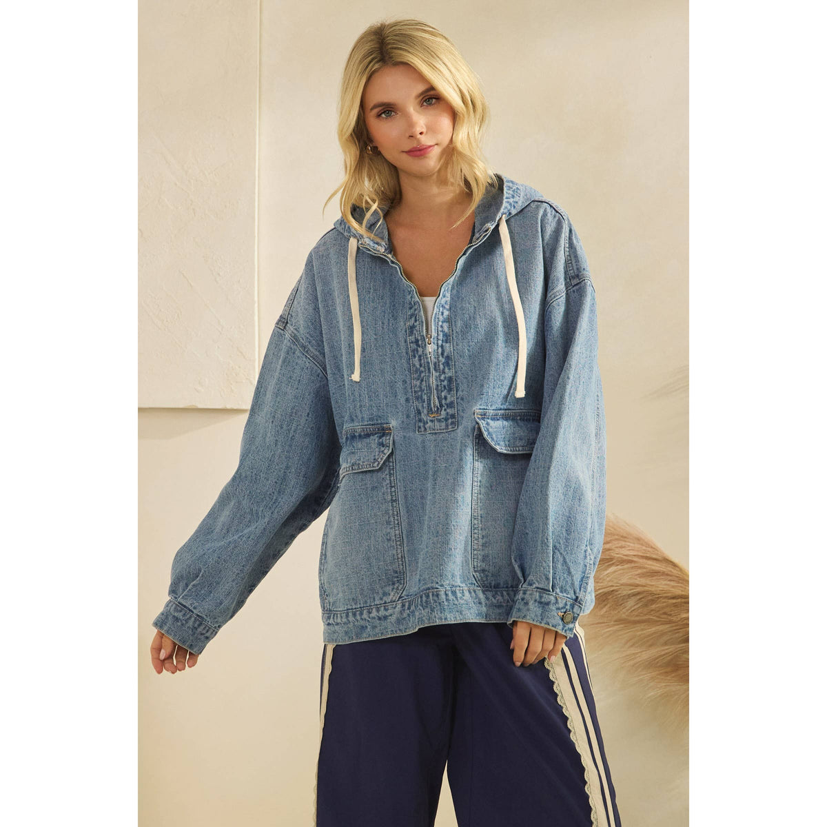 Hooded Quarterzip Denim Jacket