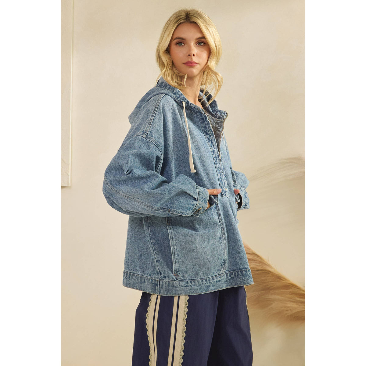 Hooded Quarterzip Denim Jacket