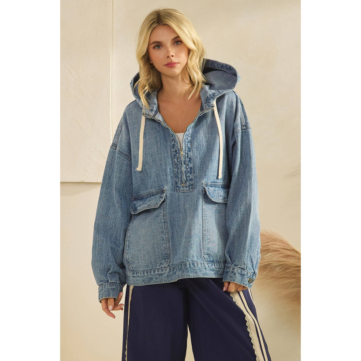 Hooded Quarterzip Denim Jacket