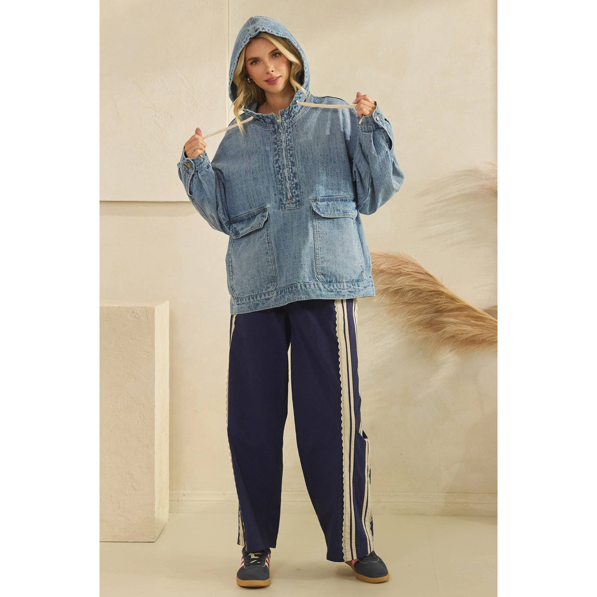 Hooded Quarterzip Denim Jacket