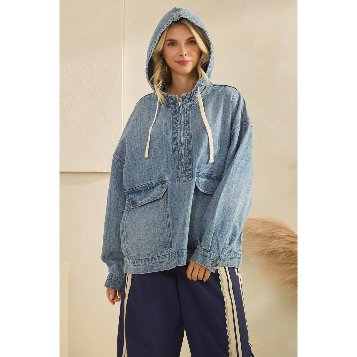 Hooded Quarterzip Denim Jacket